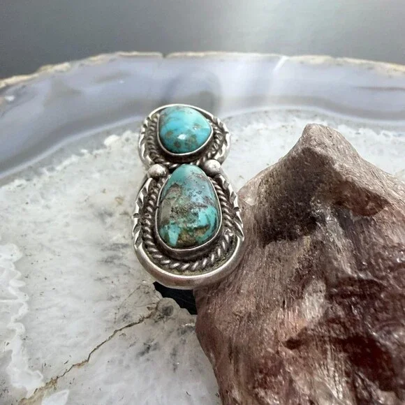 Vintage Silver Native American 2 Turquoise Split Shank Ring Size 7 For Women - Picture 4 of 10